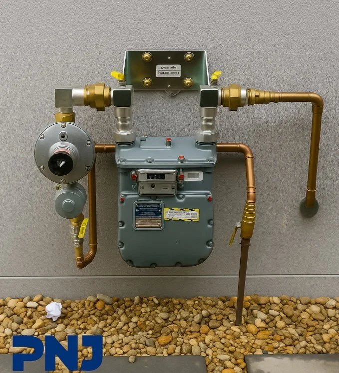 Gas meter with copper and brass pipes attached to a gray wall, positioned above a bed of small rocks.
