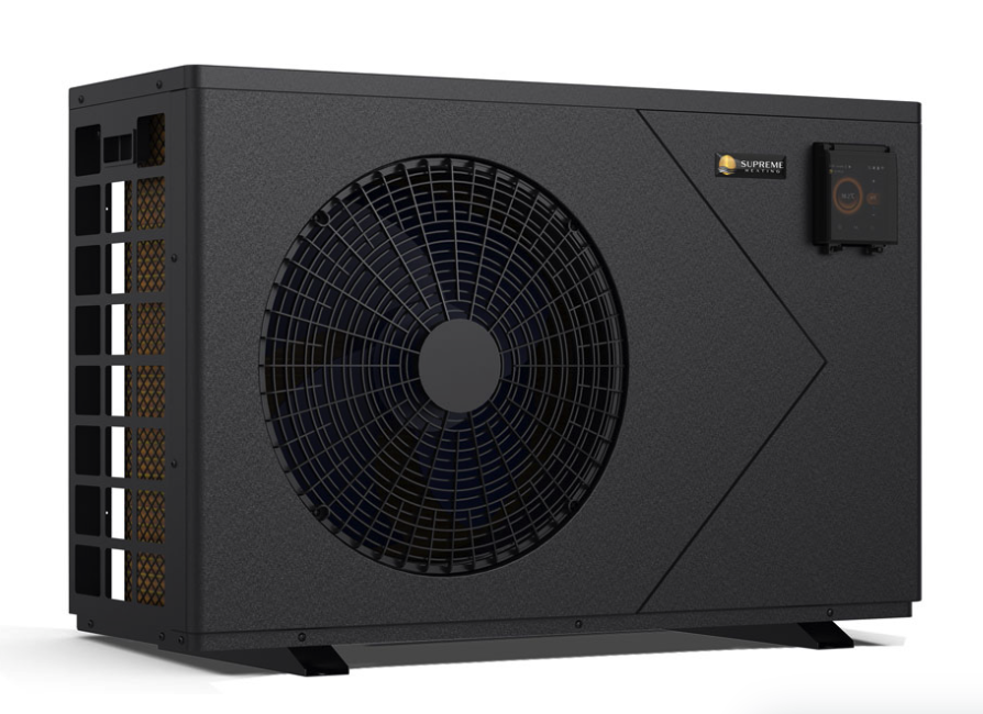 A large, black, rectangular outdoor air conditioning or heat pump unit with a large circular fan on the front and a digital control panel on the top right corner, branded with a Supreme branding label.