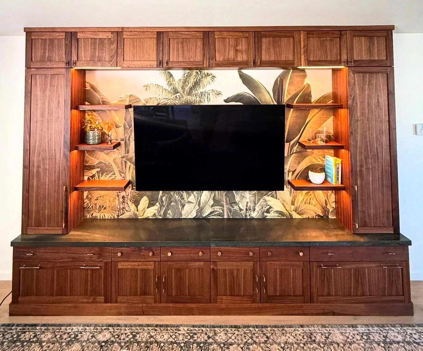 All wrapped up. Rift Walnut floor to ceiling entertainment center built-in..Thank you @hbeytollah. Just in time for you to enjoy.