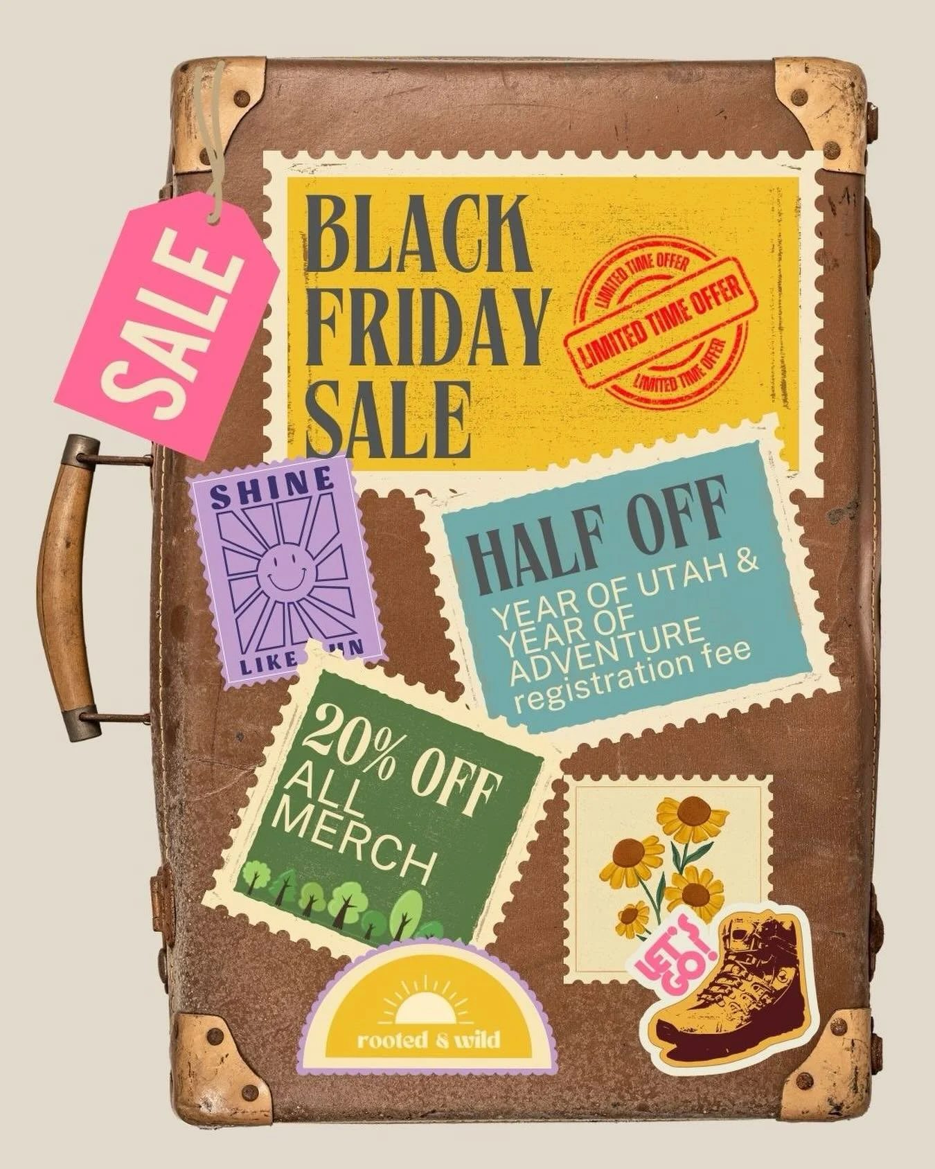 BLACK FRIDAY SALE 🎉

50% off of registration fees for Year of Adventure and Year of Utah!

20% off all merch!

We feel so cool and official doing our first &ldquo;Black Friday Sale&rdquo;, so come feel cool with us 😎