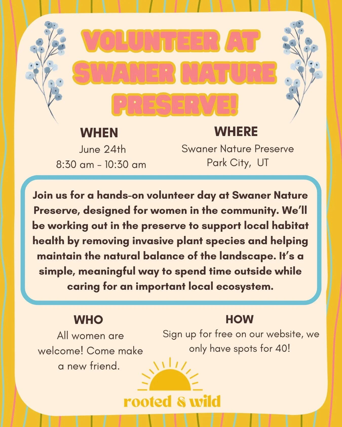 Looking for a sign to volunteer? Look no further! Come volunteer with Rooted and Wild at Swaner Preserve and EcoCenter in Park City, UT. @swanerpreserve 

There will be a limited number of spots, so sign up before it is too late! Follow the link in o