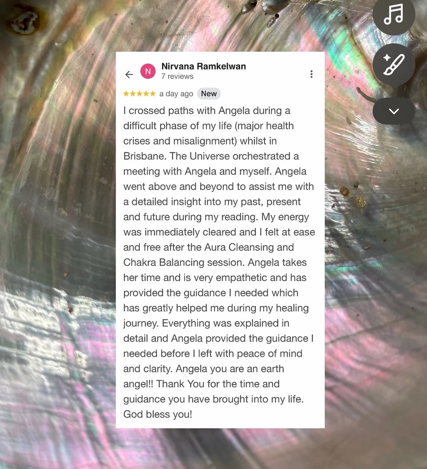 Feeling so grateful for this beautiful 5-star Google review ⭐️🥰
 
Thank you Nirvana for trusting me during such a vulnerable time. It means the world to know that the reading, Aura Cleansing and Chakra Balancing brought you clarity, ease and real en