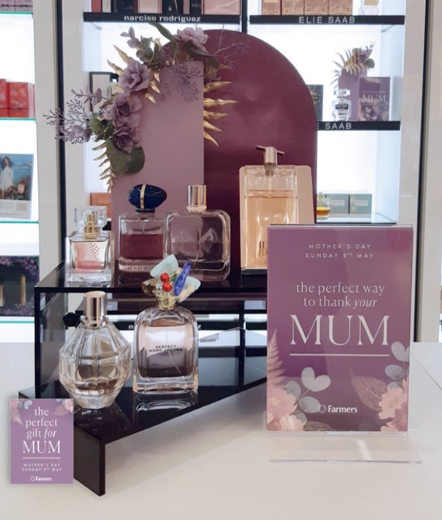 Farmers St Lukes - Mothers Day marketing message perfume counter display