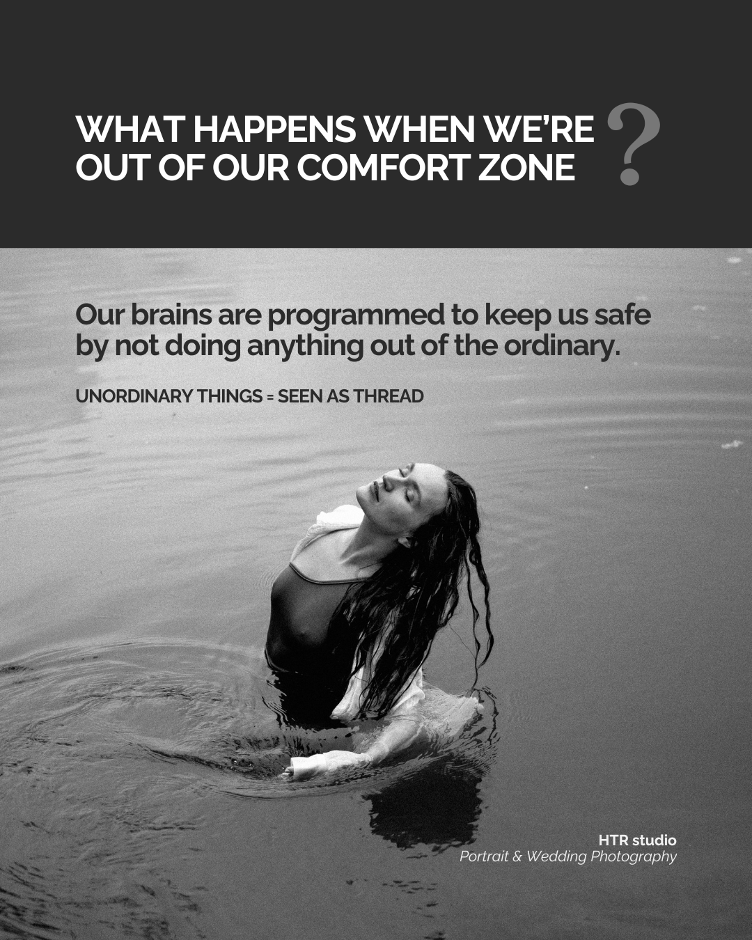 Creative graphic describing what happens when we’re out of our comfort zone and how is it connected to feeling pressure when having your professional portraits taken