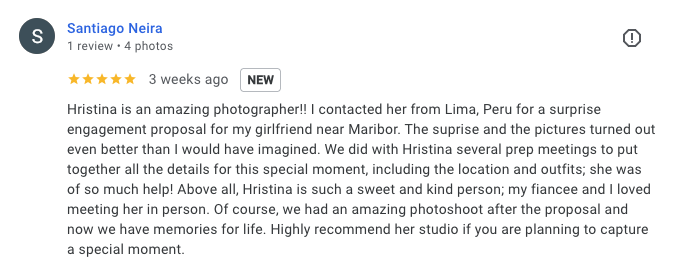 Screenshot of a 5-star review for a photographer named Hristina, praising her work and professionalism.