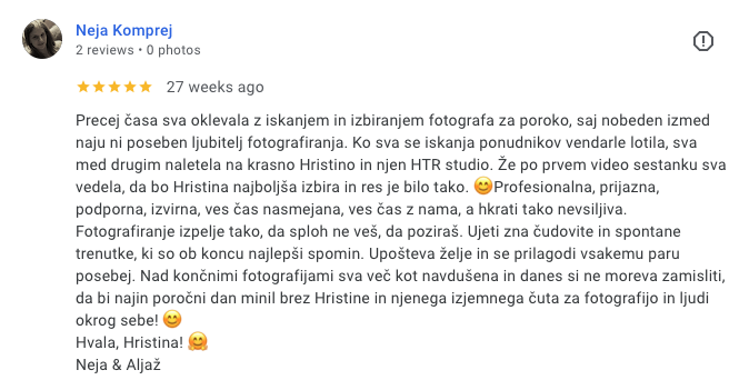 Screenshot of a Facebook review written in Serbian by Neja Komprej for a photography studio, praising the photographer's professionalism, friendliness, and the quality of the photos.