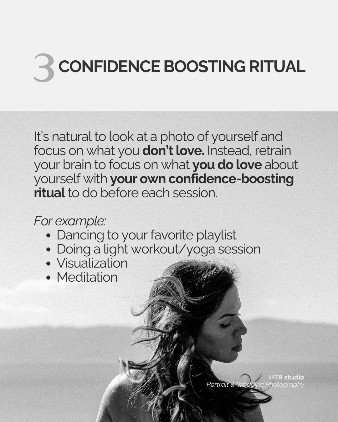 Creative graphic with a portrait photograph of a confident woman, showing examples of confidence boosting rituals that help you shine on your portrait photography session