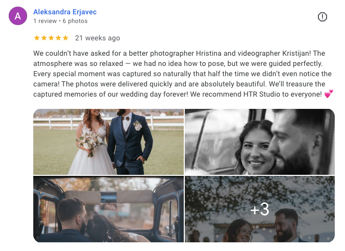 Collage of six wedding photos including a bride and groom walking on grass, a smiling couple inside a vehicle, and other candid moments at a wedding reception.