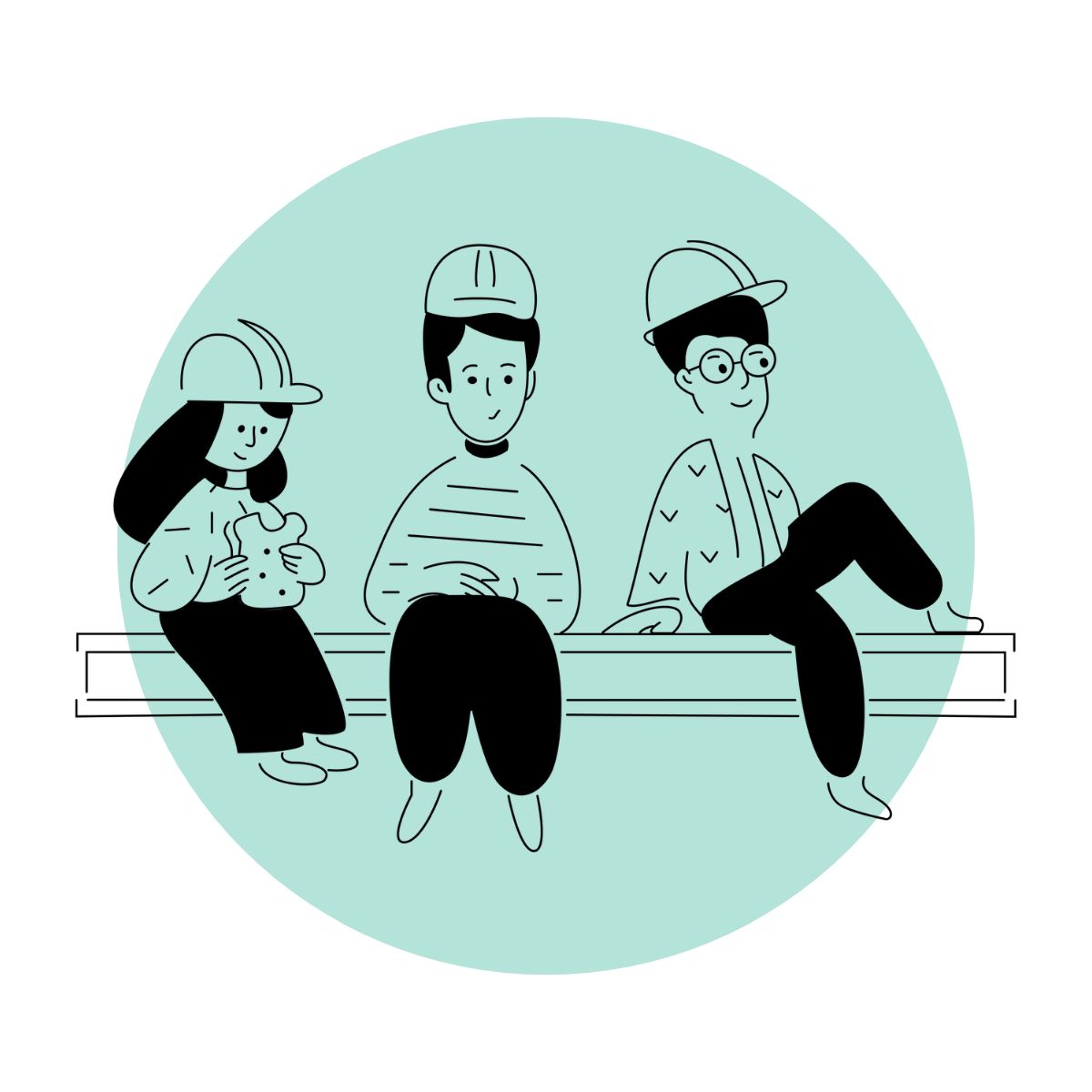 Illustration of three people wearing hard hats, sitting on a beam.