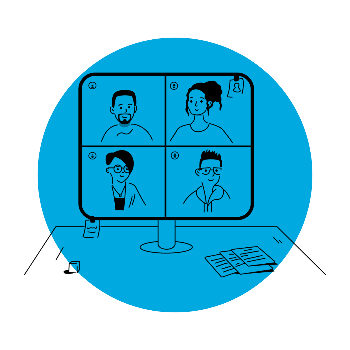 Illustration of a virtual video conference call with four participants on a computer screen. Below the screen, a desk holds papers and a coffee cup, set against a blue background.