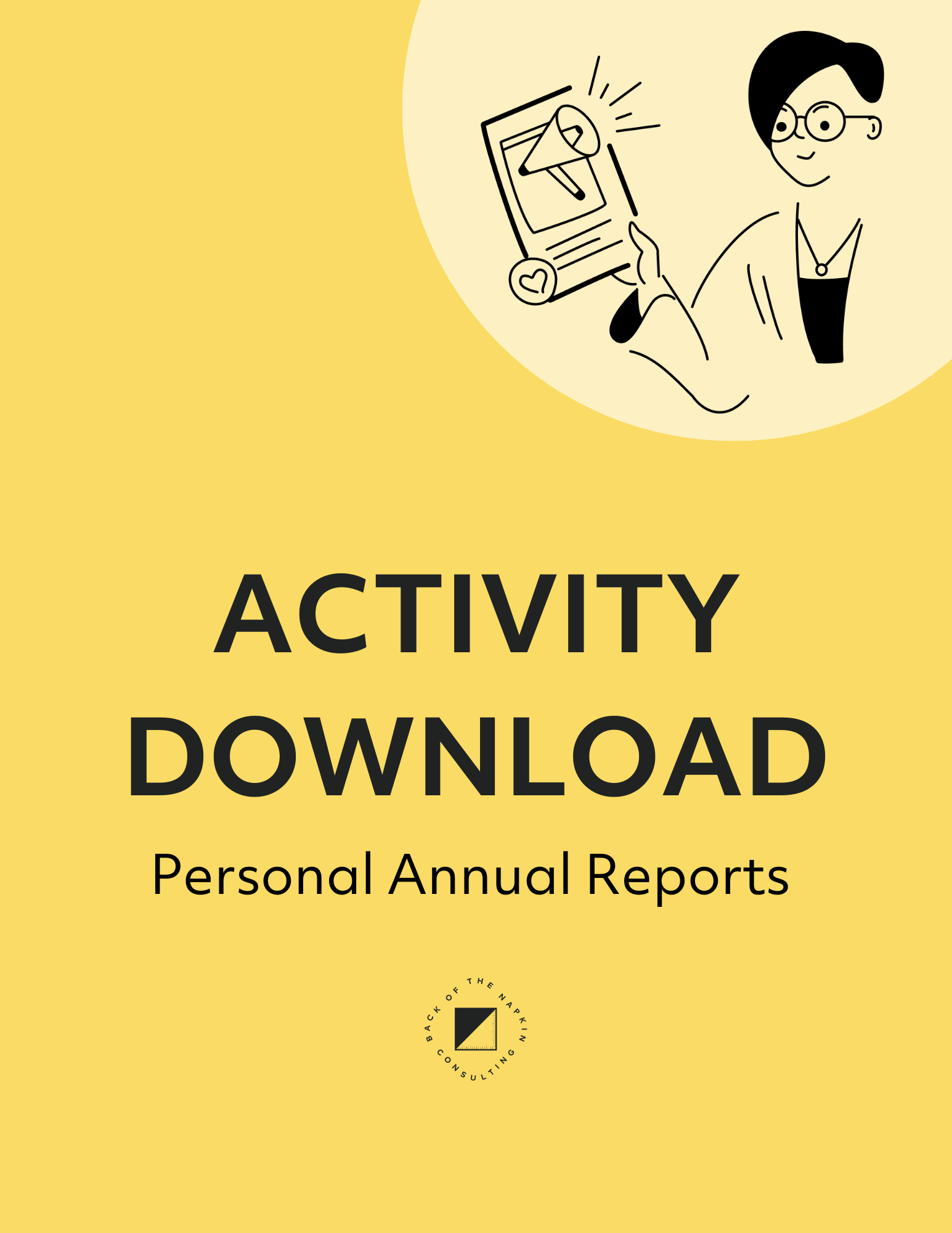 Yellow cover page featuring the text 'Activity Download: Personal Annual Reports' with an illustration of a person holding a document with a megaphone icon.