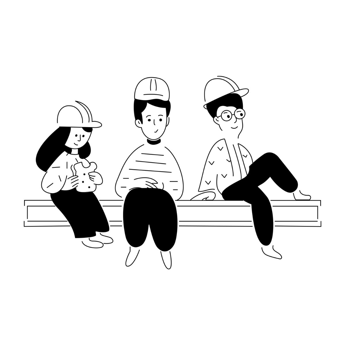 Illustration of three cartoon people wearing hard hats sitting on a beam. One person is eating a sandwich, another is leaning back, and the third is sitting with hands on lap. Black-and-white color scheme.