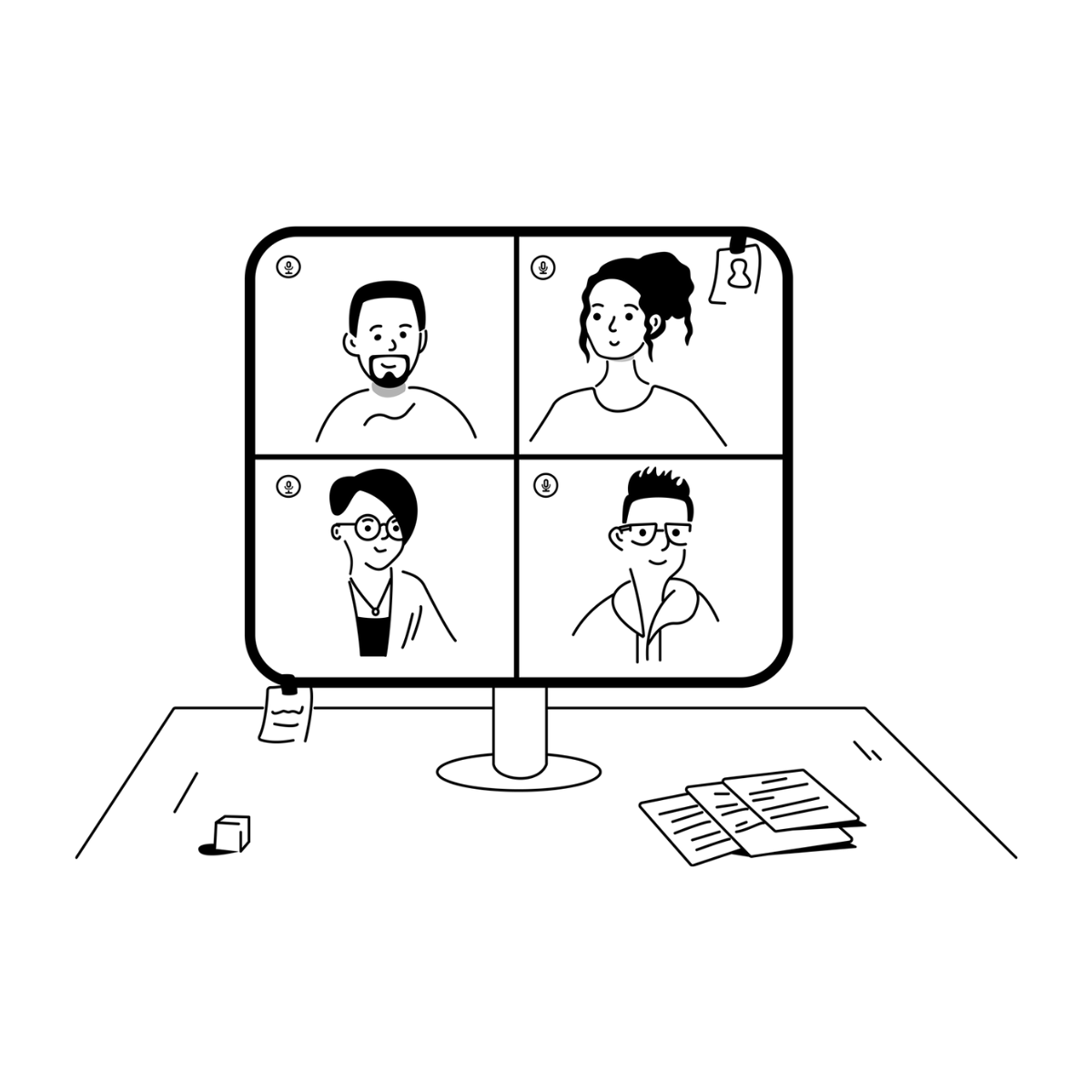 Illustration of a video conference on a monitor showing four participants, each in a separate quadrant. The screen is placed on a desk with a few papers and a sticky note.