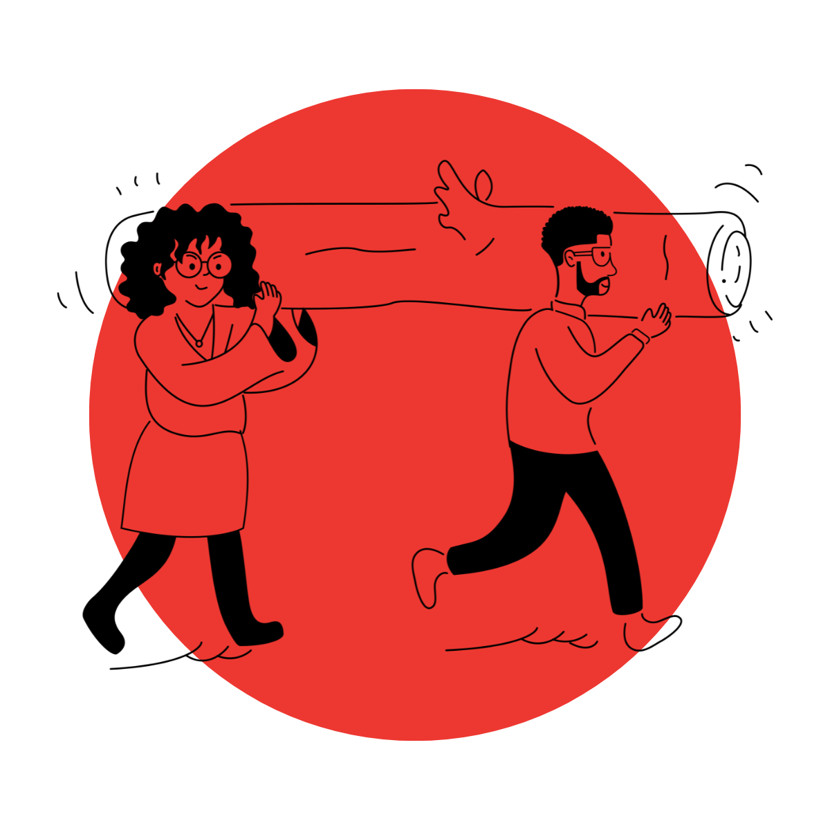 Illustration of two people carrying a large log on their shoulders, depicted in a red circular background.