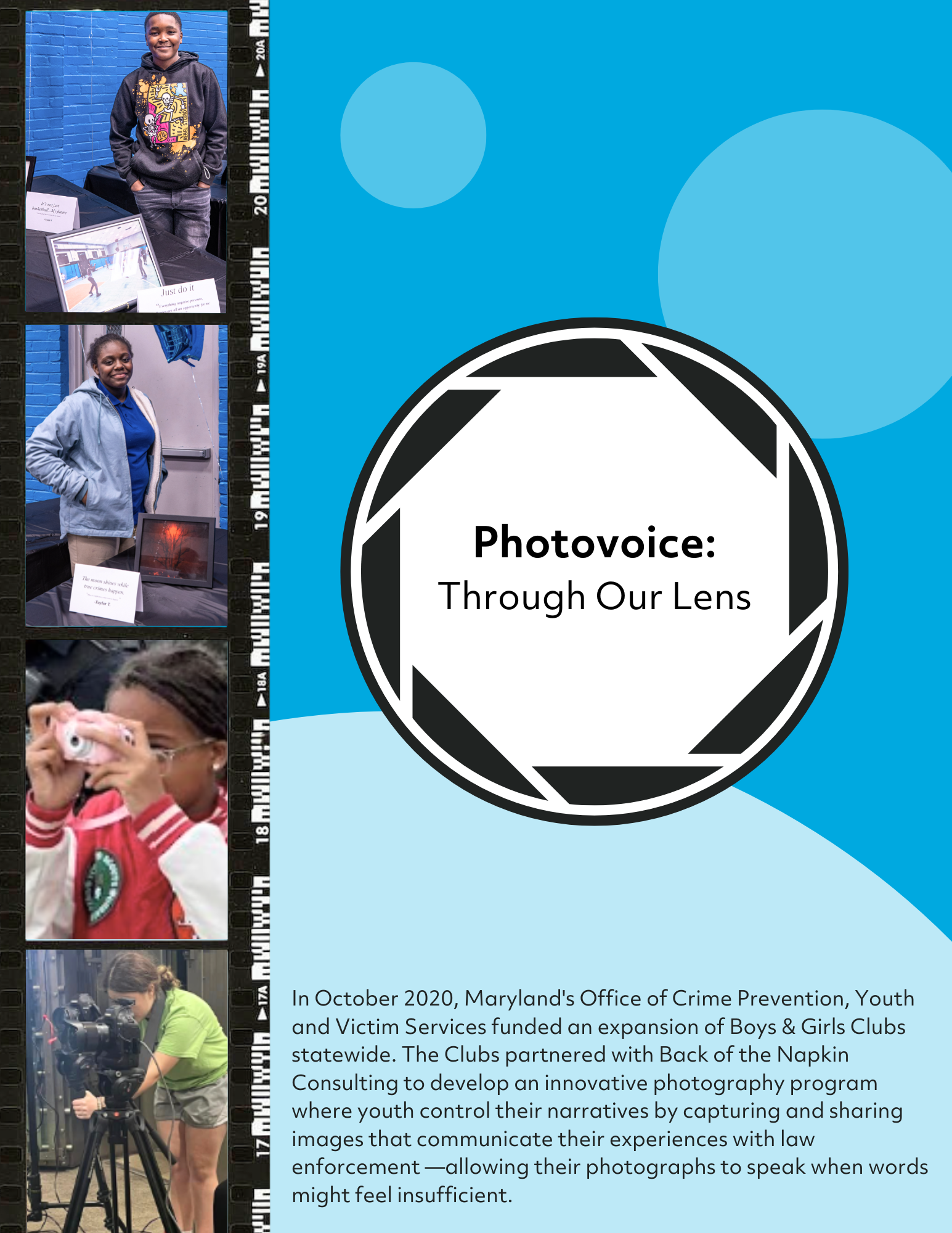 Collage promoting "Photovoice: Through Our Lens," a photography program by Maryland's Office of Crime Prevention for Boys & Girls Clubs, highlighting youths capturing images to communicate experiences with law enforcement. Images show young participants with cameras and their work.