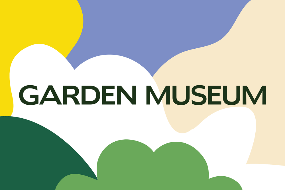 Graphic with abstract shapes and colors, displaying the text 'GARDEN MUSEUM' in large dark green letters.