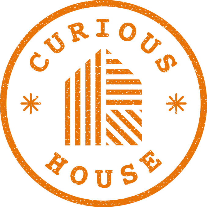 A circular logo with the words 'Curious House' around the top and bottom edges, and a stylized geometric house shape in the center, all in orange.