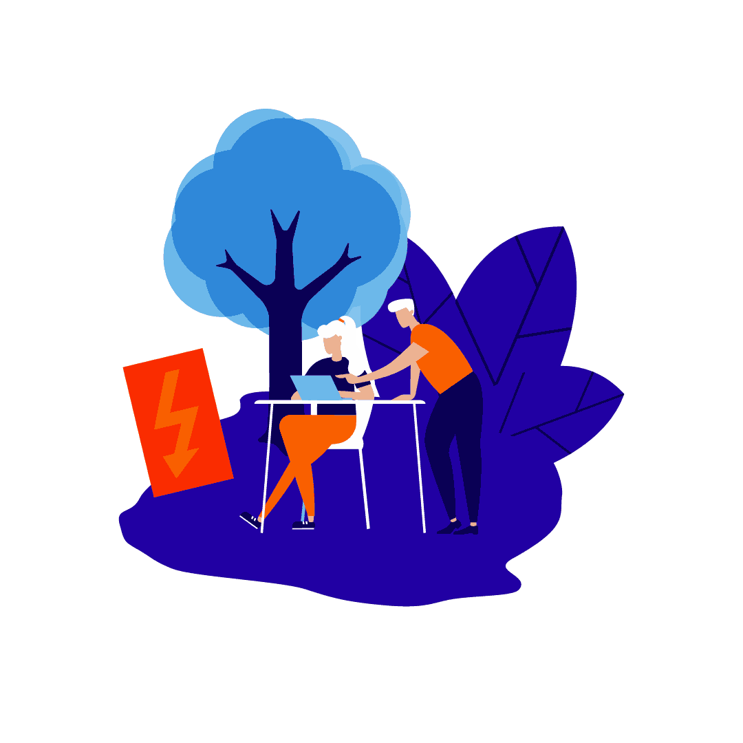 Zwei Personen arbeiten im Freien an einem Laptop, umgeben von Bäumen und großen Blättern, mit einem roten Schild mit einem Blitzsymbol, im cartoonartigen Stil.