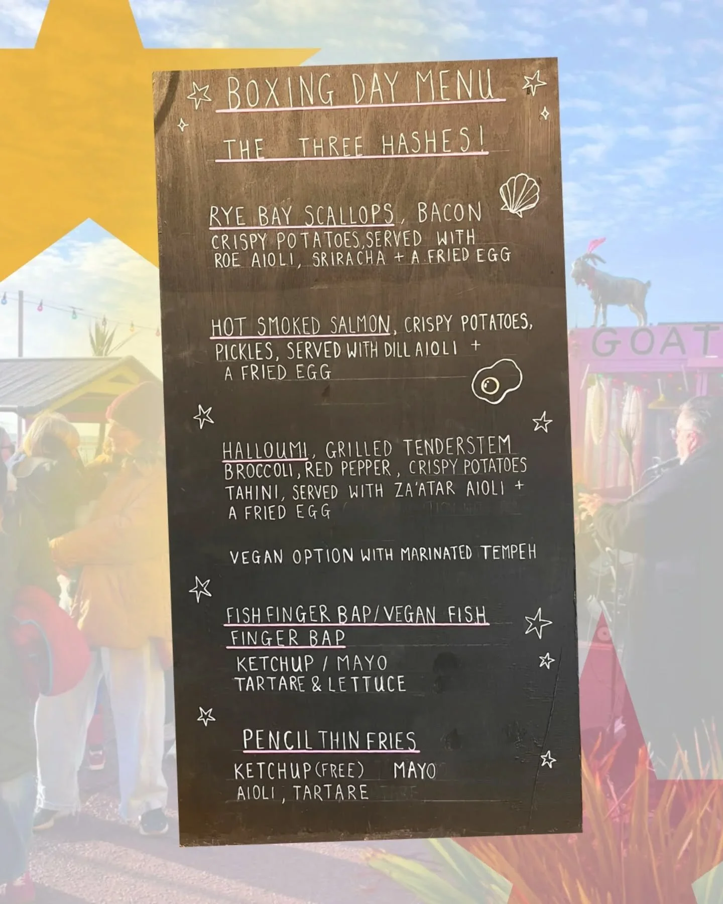 Treat yourself and the family to some proper tasty food, all warm and cosy by the sea this Boxing Day! 🎁 

Open from 10am! 🌟 🌟 🌟 

*We are now open on Monday 29th too!*

#boxingday
#tastylineup 
#thethreehashes 
#goatledge