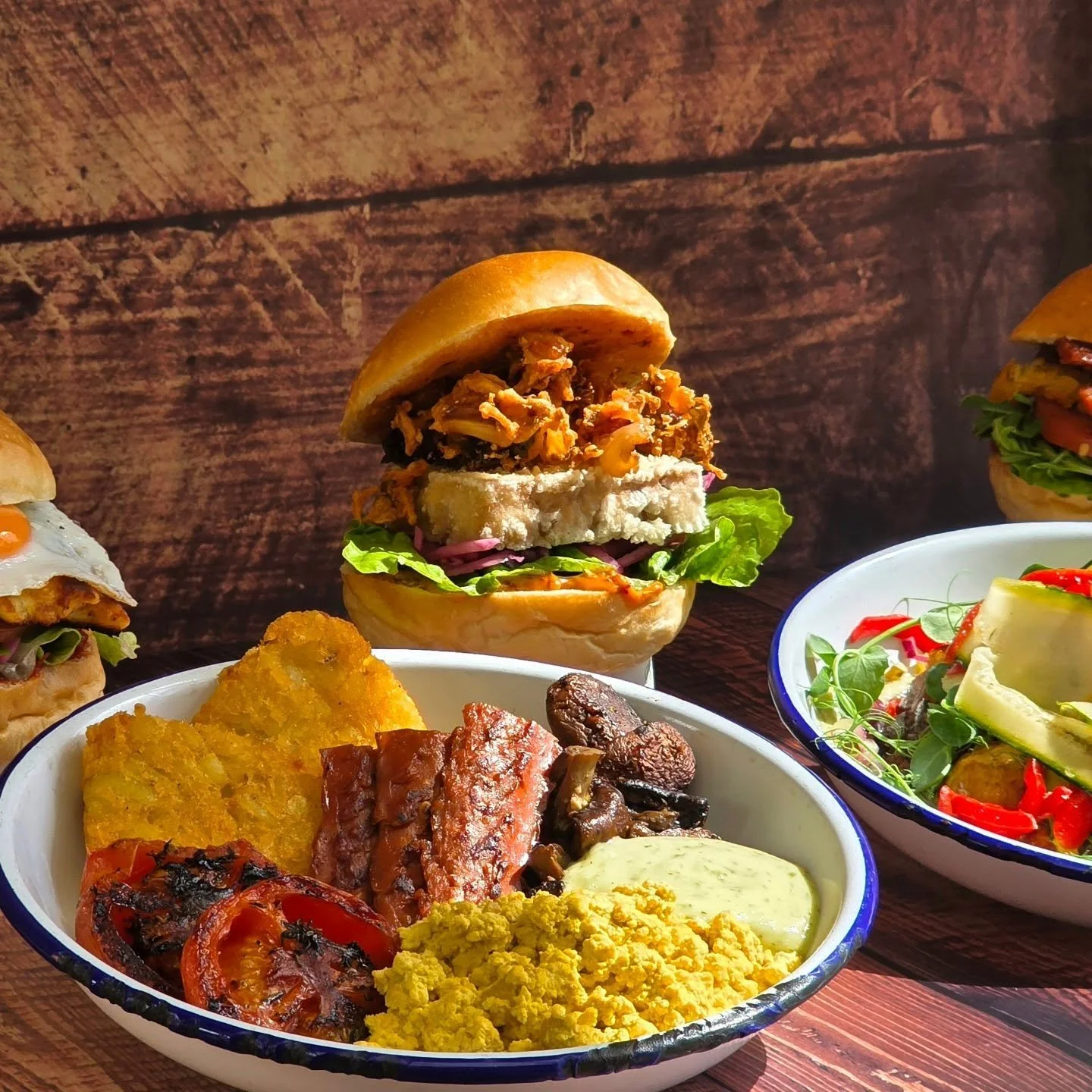 Vegans and veggies - where you at? 👀 

🌿 The new VEGAN BREAKFAST BOX - now available until 1130 every morning! 

🌿 Have you tried our VEGAN HASH? Available all day, every day! 

🌿 The G.O.A.T BAP - full of tofu, deep fried kimchi and a hella lot 