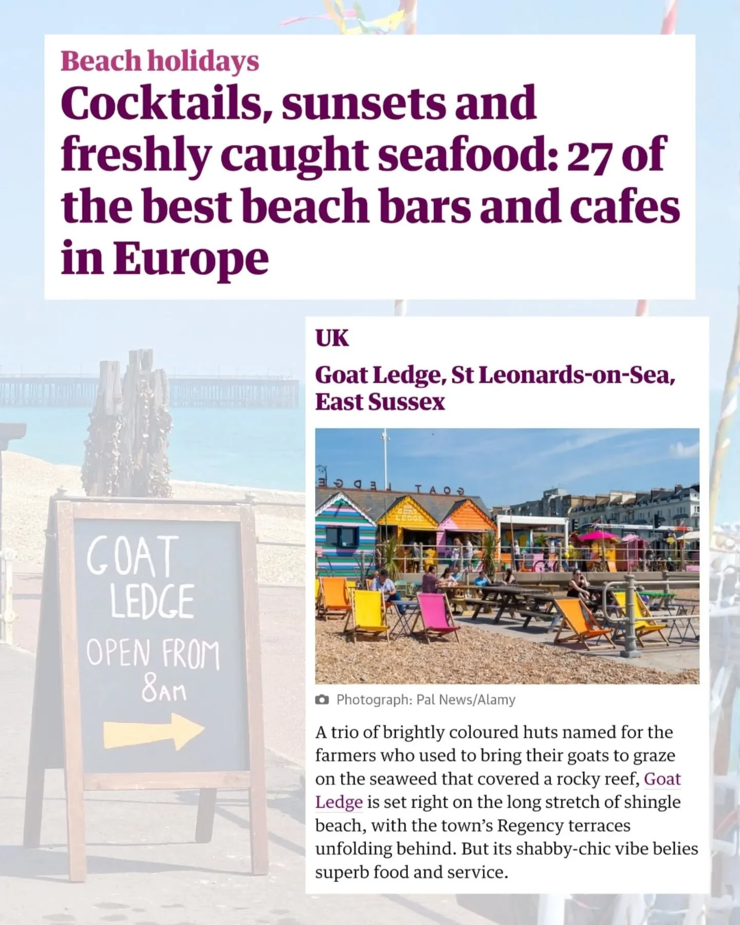 We are so incredibly happy to be featured in The Guardian&rsquo;s recent list of the "27 best beach cafes in Europe"! 🌊🍹

Being listed alongside such iconic European venues is a huge honour, but the real magic happens right here on the pe