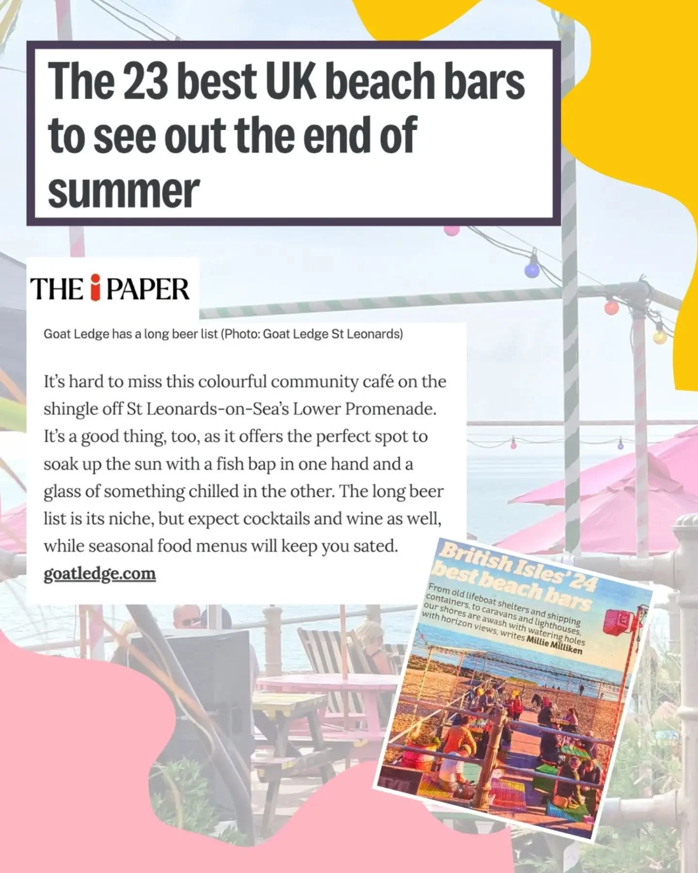 End of summer? Not on our watch. 🌊🍻

Huge thanks to the iNewspaper for naming Goat Ledge one of the 23 best beach bars in the UK to see out the season!

They loved our beer list, and we love serving it to you right here on the shingle.

 Come down,