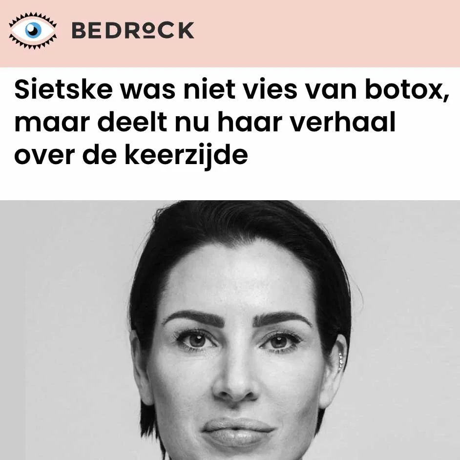 Artikel kop met vrouw in zwart-wit foto, tekst over botox ervaringen.