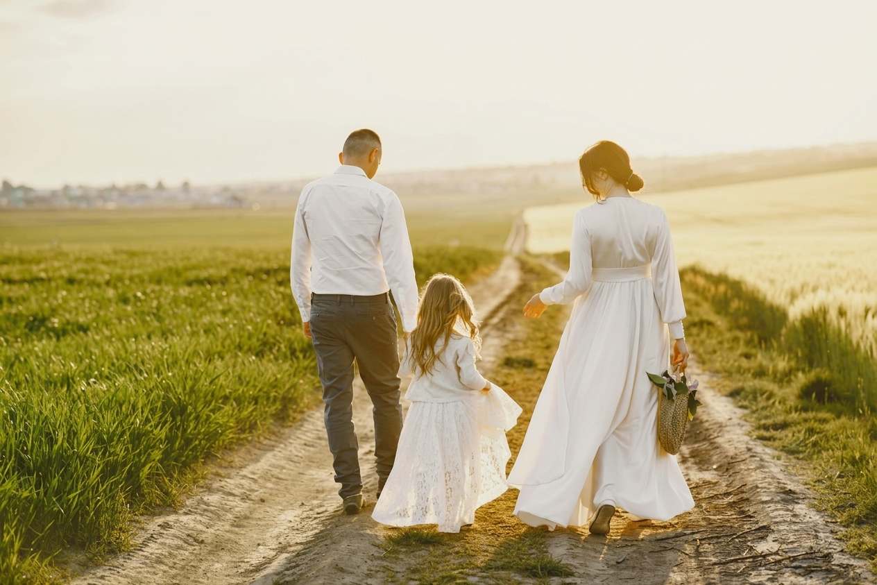Family walking together on a sunlit path symbolizing faith, hope, and walking in the light of Christ
