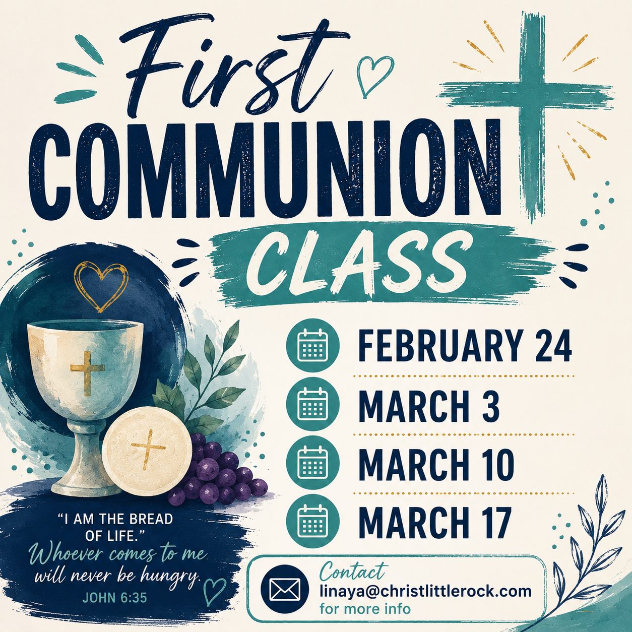 Announcement poster for First Communion class with dates and contact info, featuring Christian symbols like a chalice, bread, and a cross, along with decorative hearts and foliage.