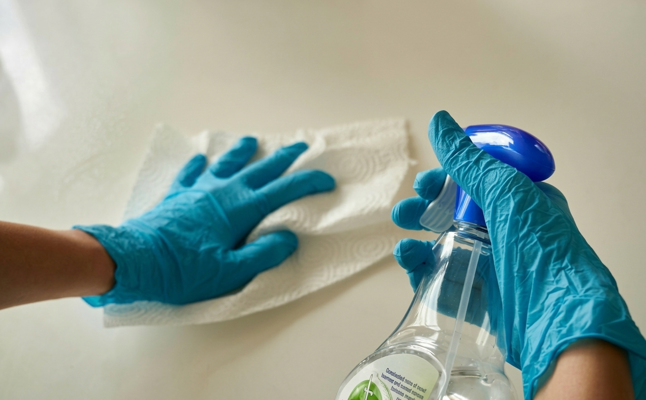 Person wearing gloves cleaning a wall with spray and cloth during spring cleaning