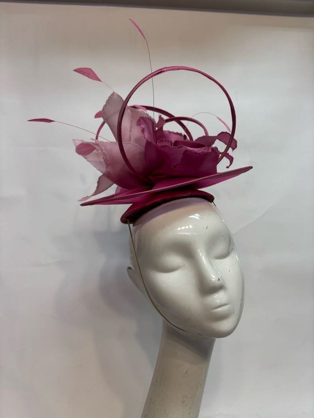 Horsehair disc, taffeta covered rigilene boning, silk flowers, stripped coque feathers