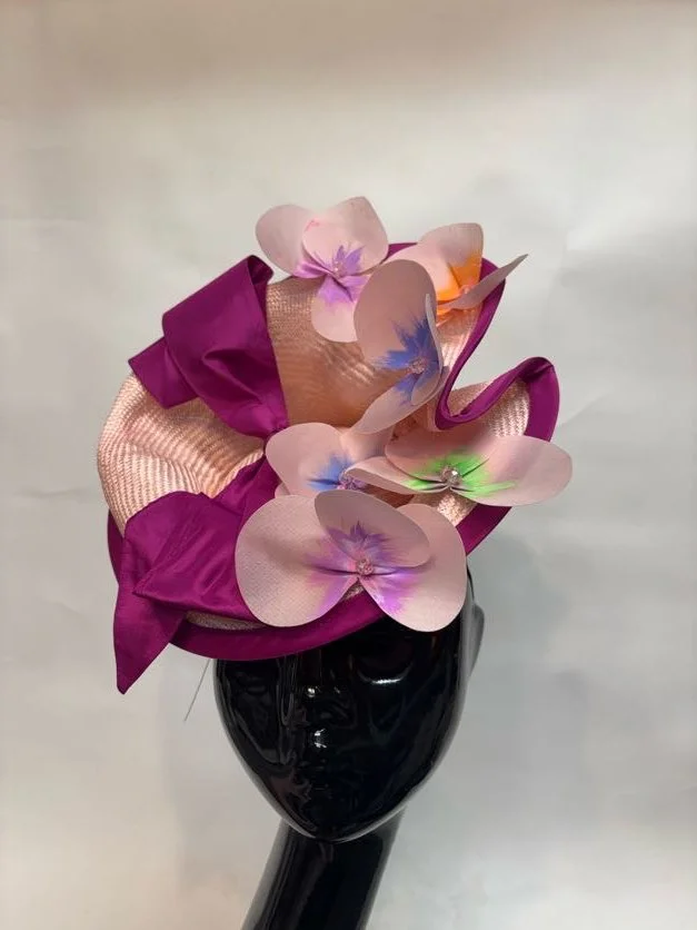 Straw, taffeta bow, painted fused silk, glass beads