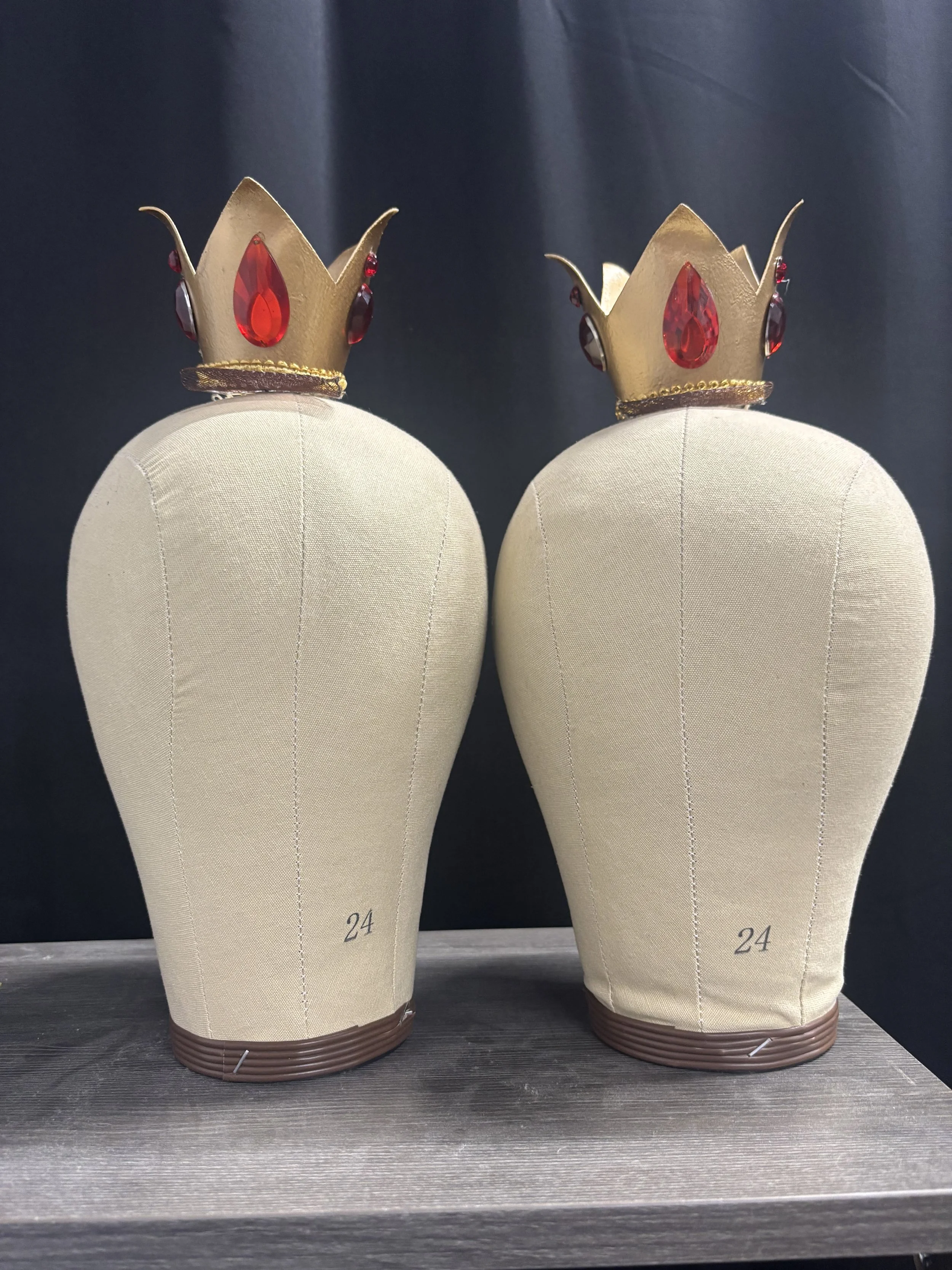 King and Queen crowns patterned and made using Worbla. Embellished with trim and sew-on stones. Comb and horse-hair sewn on for security.