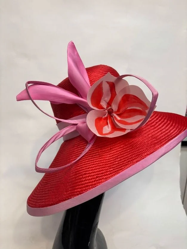 Straw, tafetta covered rigilene, painted fused silk, silk bow