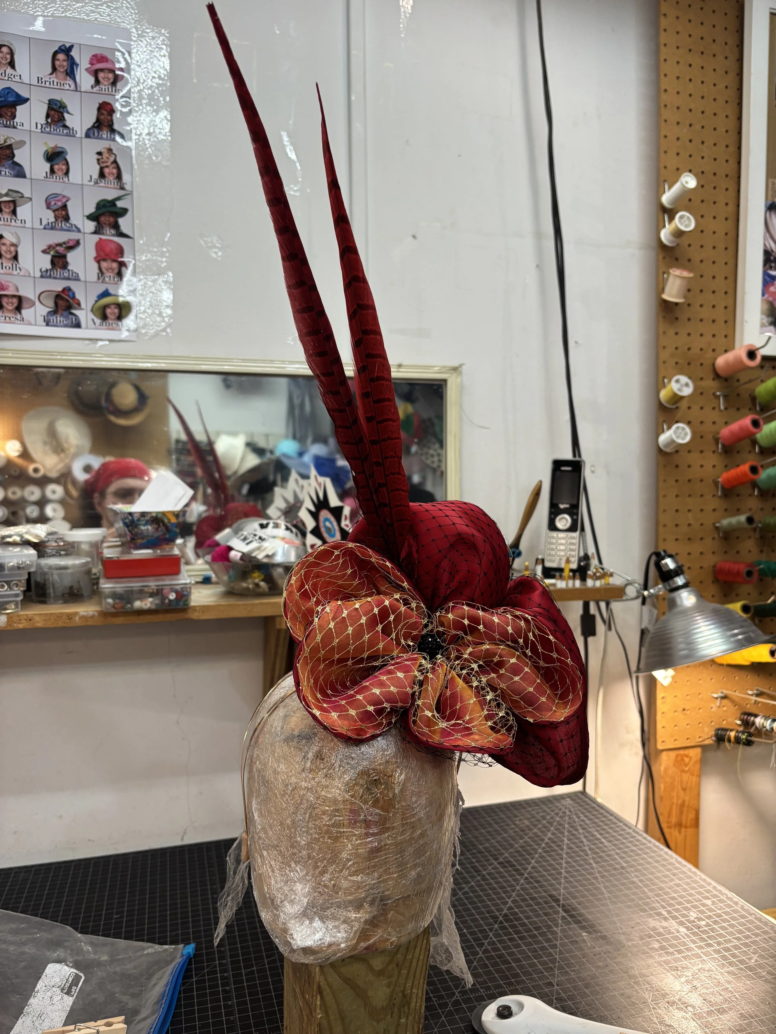 Silk, French net, pheasant feathers, rhinestoned bead, Fosshape base on headband