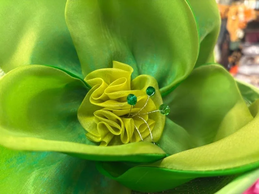 Painted silk, stamen made from twisted jewelry wire and glass beads