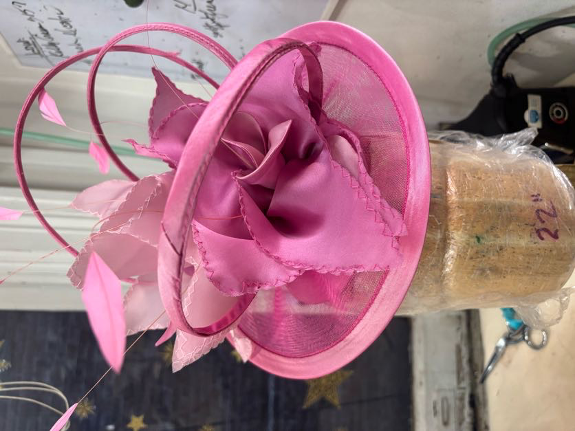 Horsehair disc, taffeta covered rigilene boning, silk flowers, stripped coque feathers
