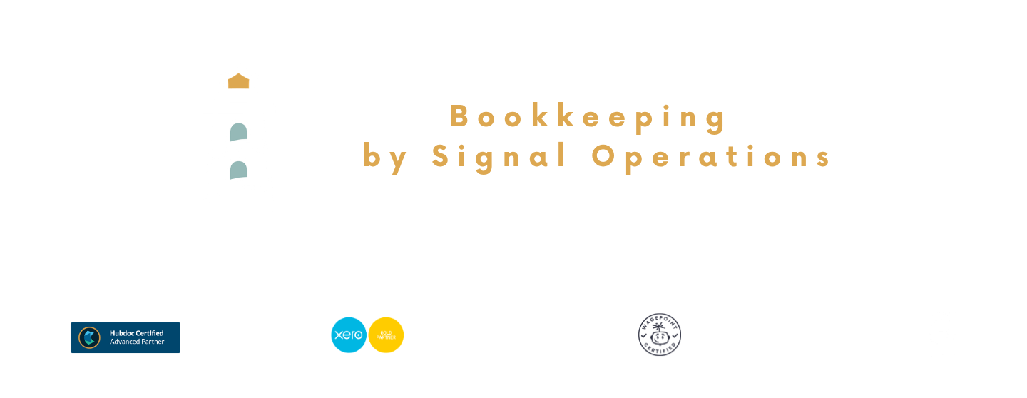 A lighthouse with bookkeeping by signal operations. Text stating helping you sail forward through clear numbers and calm waters. Xero Partner badge, Wagepoint Partner Badge and BCorp Certified