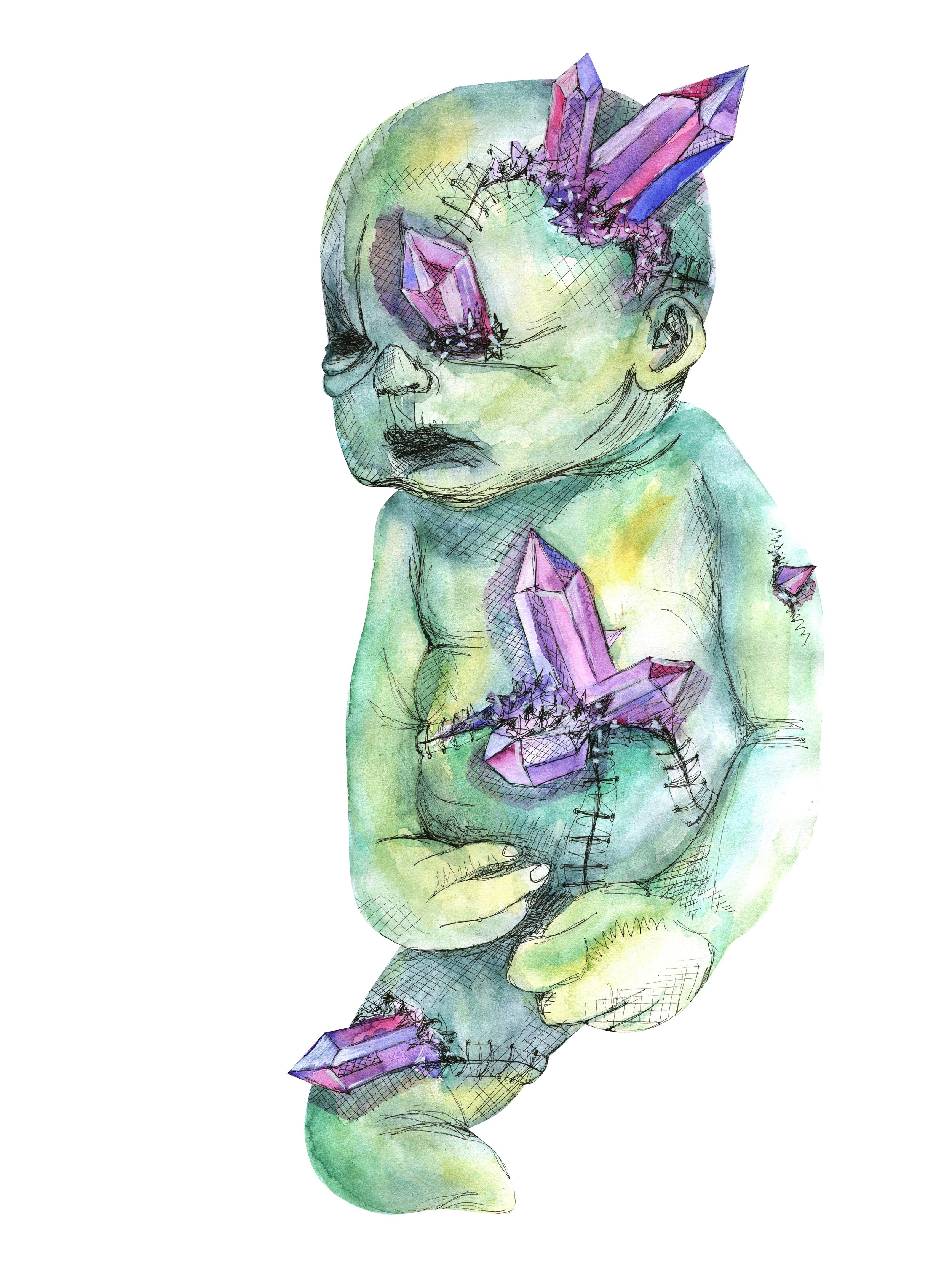 Crystal baby · watercolor & mixed media on paper
