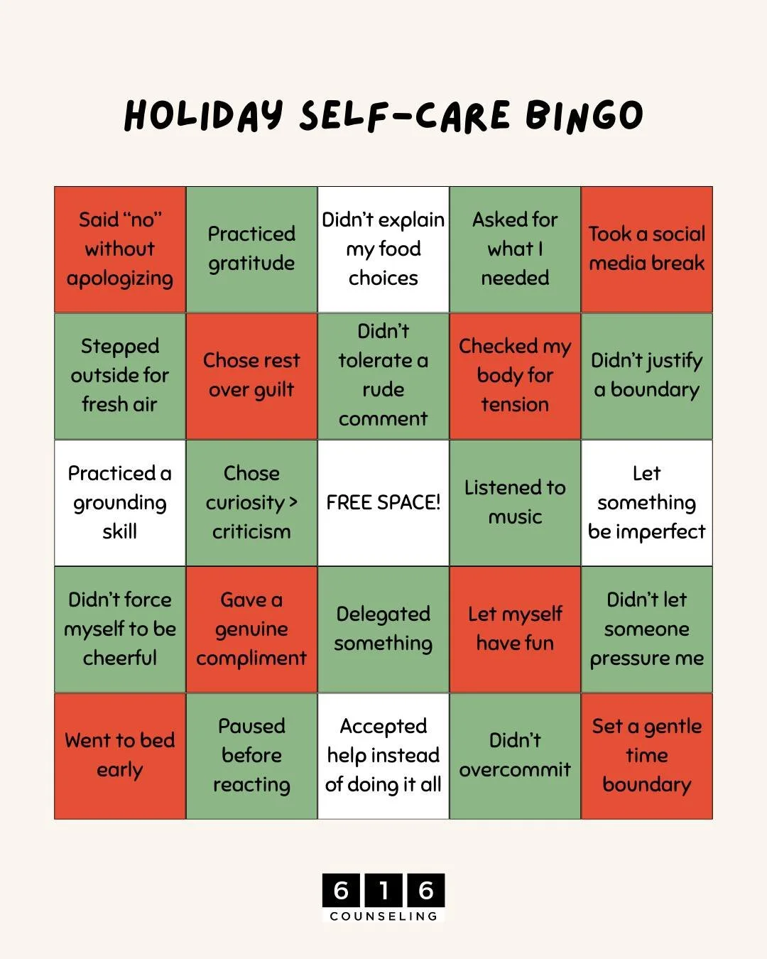 We did the easy part of making the bingo card...

Now you have the hard part of trying to make a bingo! Take care of yourself this holiday season. ❄️🤍

#MentalHealthMatters