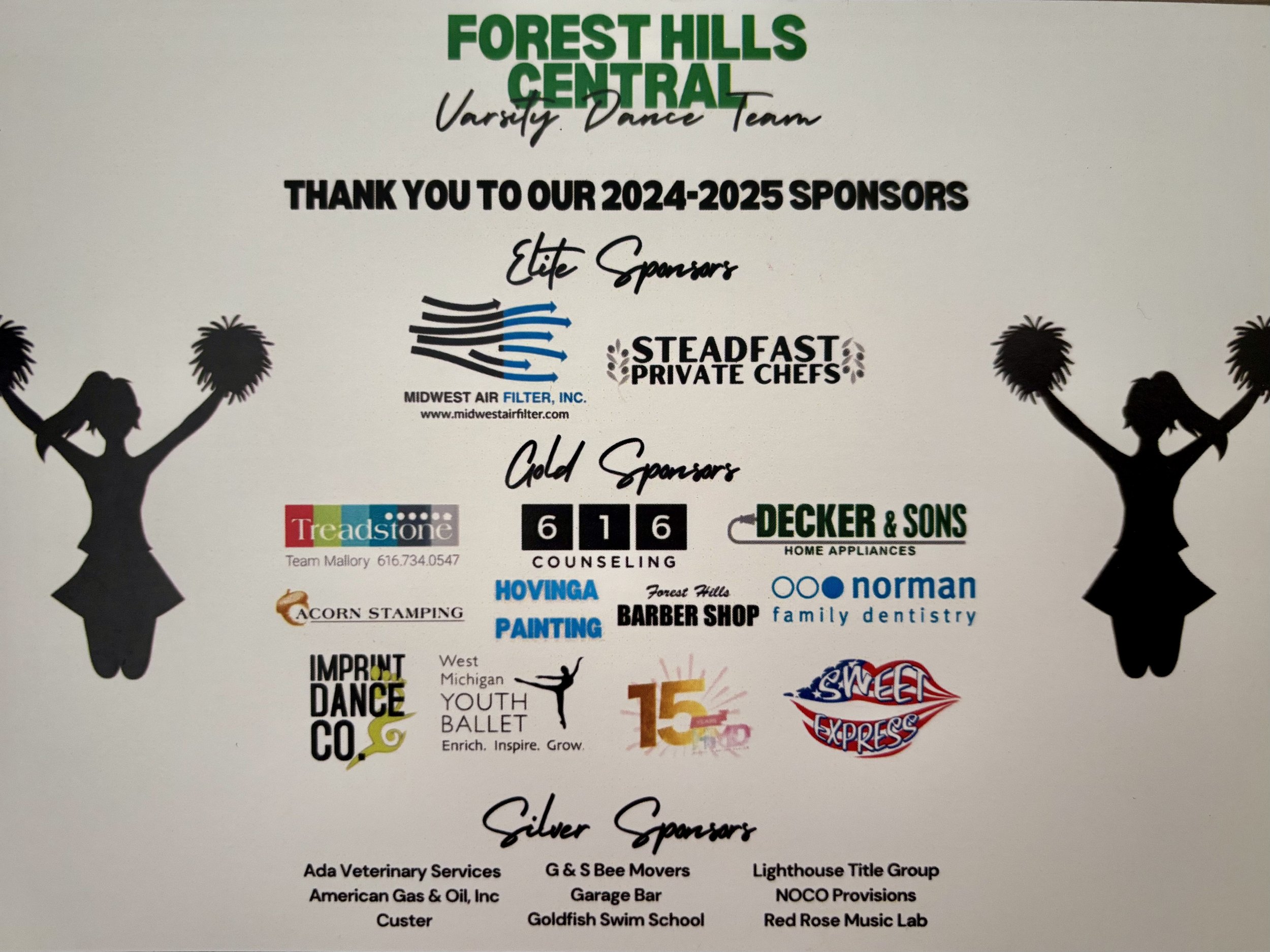 Sponsor sheet for Forest Hills Central Varsity Dance Team 2024-2025, featuring names and logos of elite, gold, and silver sponsors, with silhouette images of cheerleaders holding pom-poms.