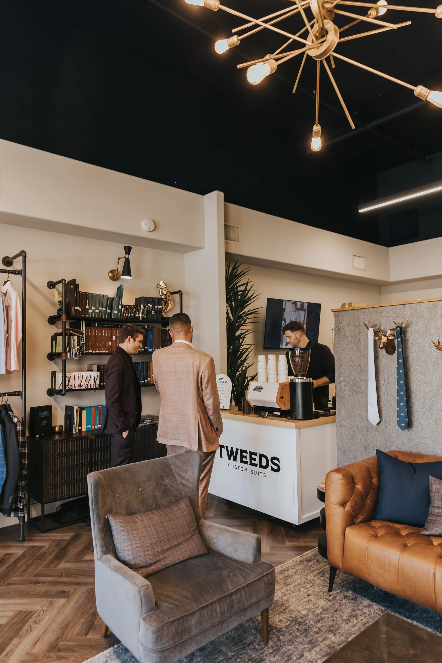Reform Coffee cart set up inside Tweeds Custom Suits for a brand activation event
