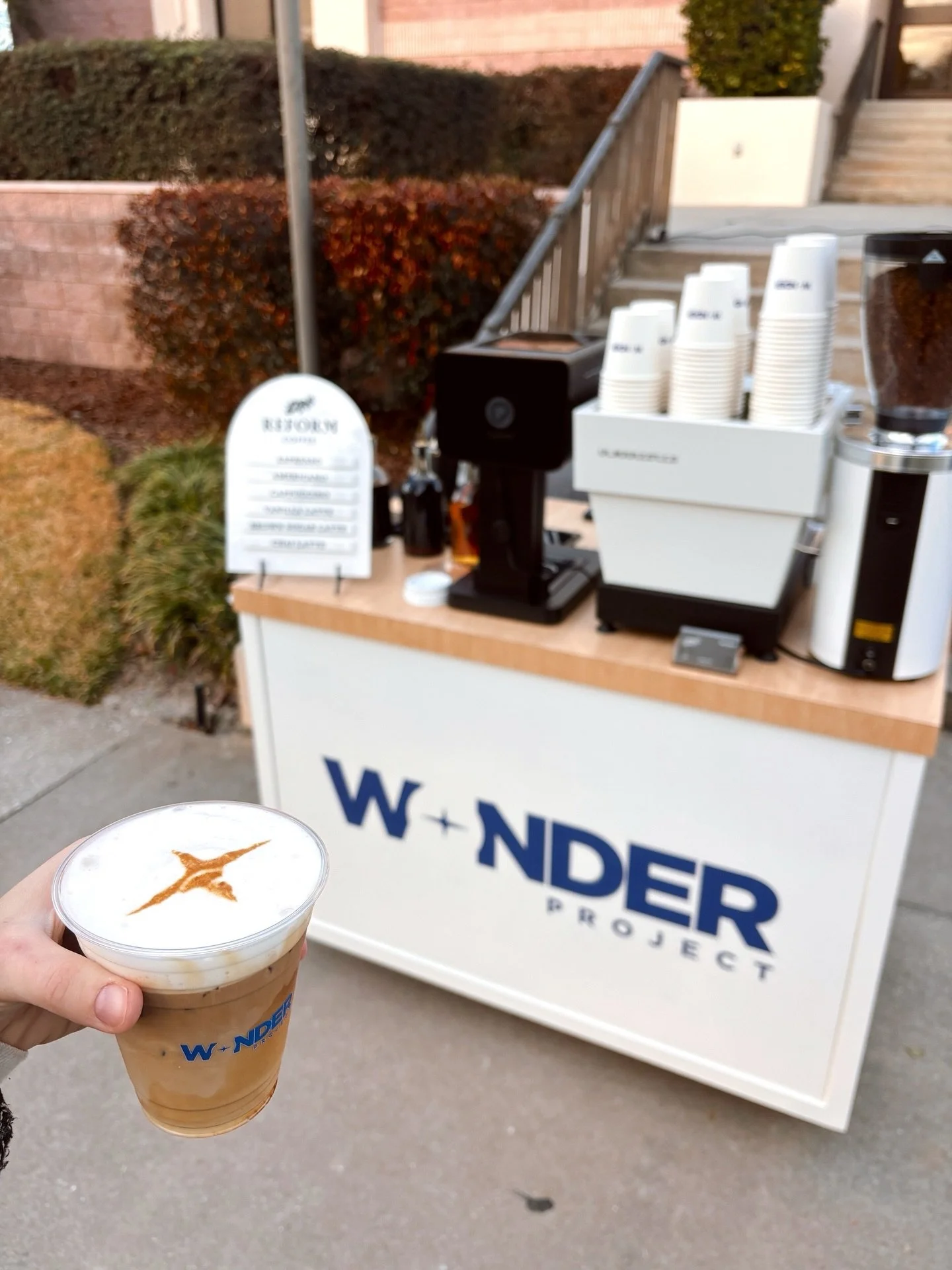 Amazon Prime Video brand activation in Lakeland ☕
The Wonder Project organized this event at Victory Church. We provided coffee catering with full custom branding&mdash;wrapped cart, designed cups, and logo printing directly on the coffee foam.

Gues