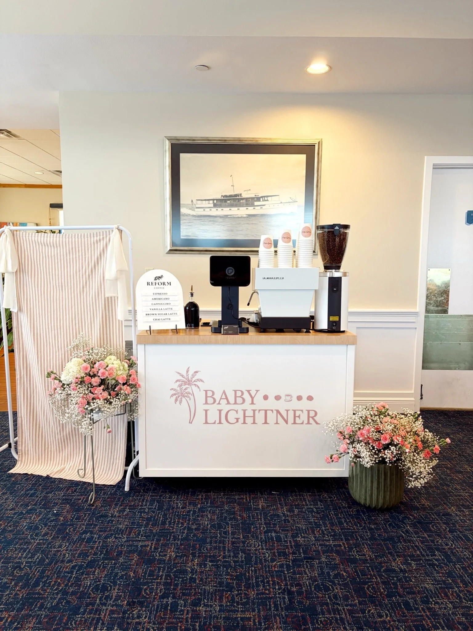 Baby shower coffee catering at Venice Yacht Club ☕

Custom cart branding for the family. Custom cup design matching their theme. Ripple latte art machine printing personalized designs on every beverage&mdash;complete customization for their Southwest