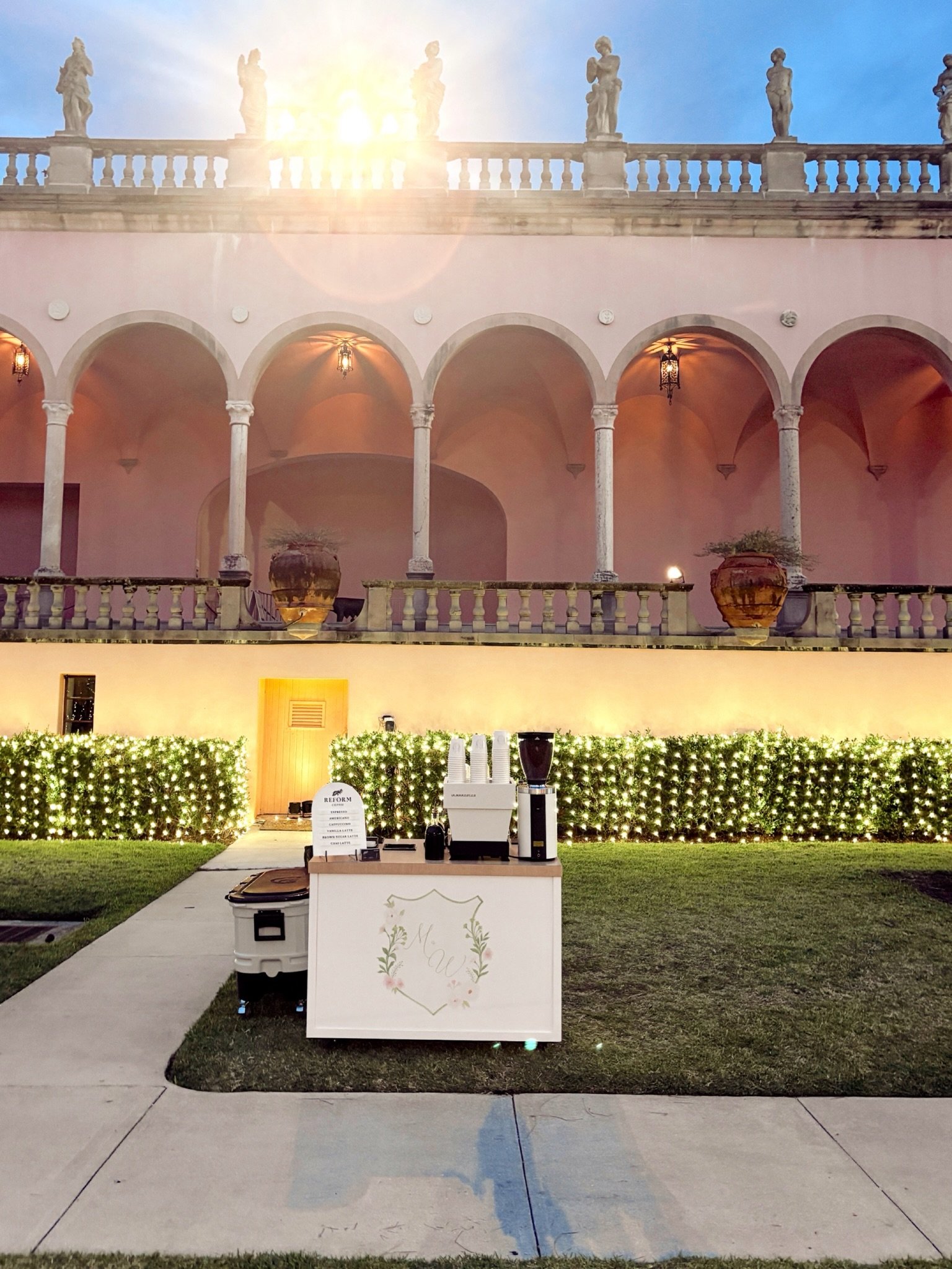 Working with Bewed at the Ringling Museum, Sarasota ☕

Garden reception under the stars. Pink marble pillars framing the space. Beautiful Sarasota setting for this luxury wedding.

We served coffee with the bride&rsquo;s custom monogram printed on th