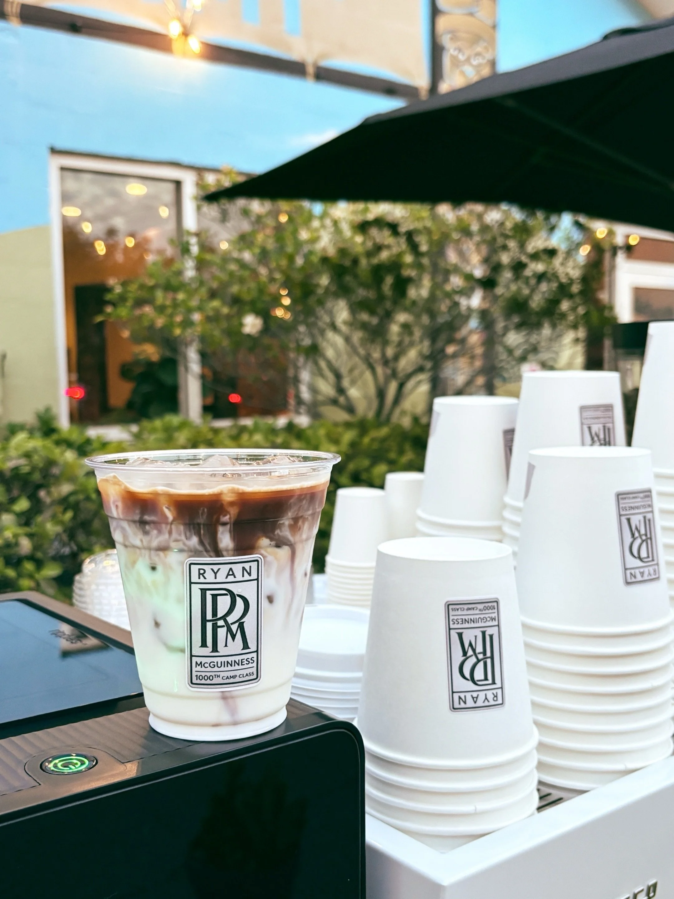 The Camp community celebrated Ryan&rsquo;s thousandth class 👏🏻👏🏻🔥

Custom branded coffee service in Tampa&mdash;his face printed on lattes using our cold foam printer, cart and cups featuring branding, face stickers for everyone. Complete person