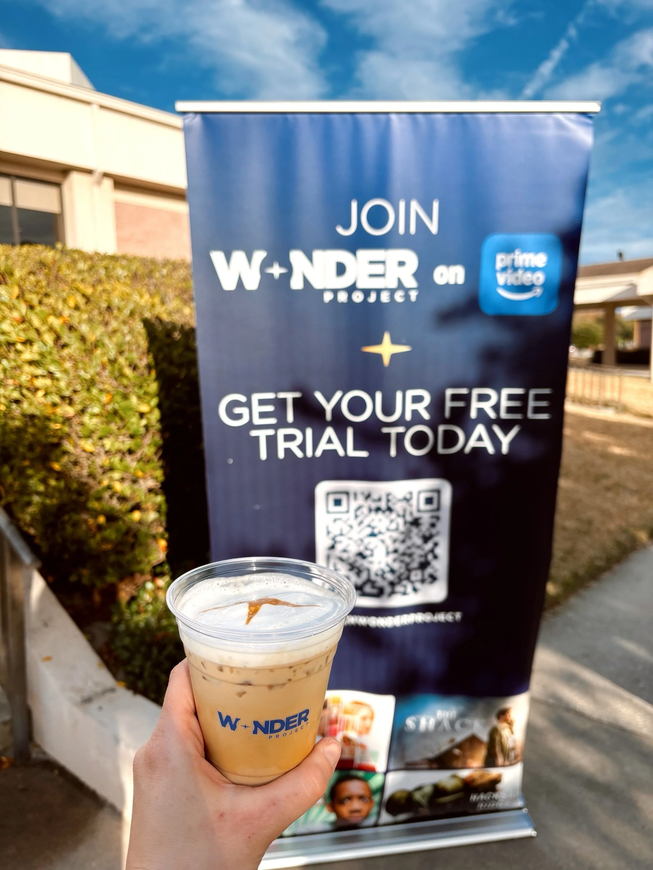 The Wonder Project and Amazon Prime Video at Victory Church, Lakeland 🩵💙👏🏻

Full brand activation&mdash;custom cart branding, custom cups, and logo printing on coffee. We served complimentary coffee to event guests throughout the day.

Each latte