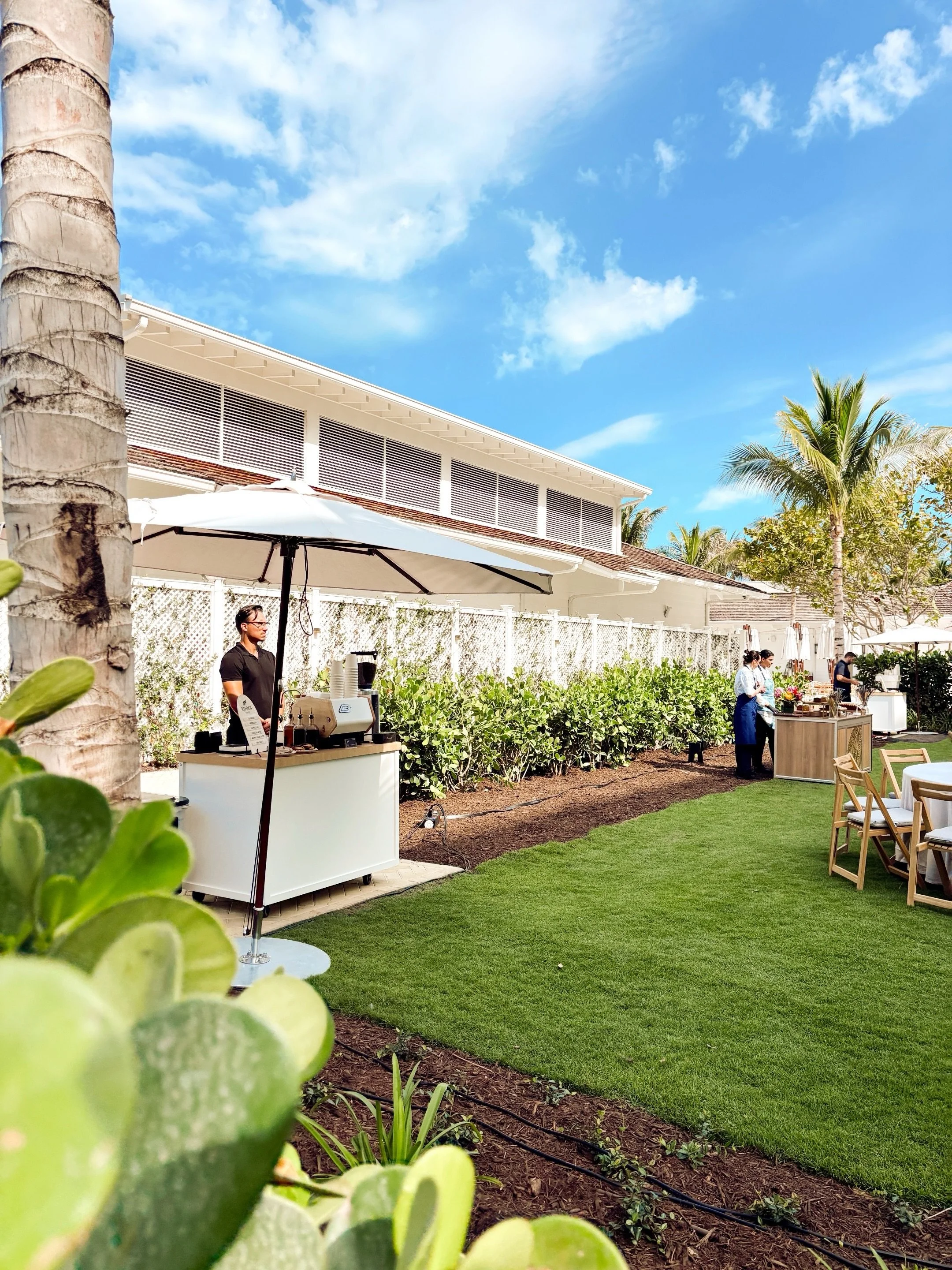 Two carts. Three baristas. Full espresso service at the Four Seasons Resort Naples.

Mid-conference morning on the lawn. Cortados, flat whites, and Americanos made to order under the palm trees. Housemade vanilla and brown sugar syrups &mdash; no art