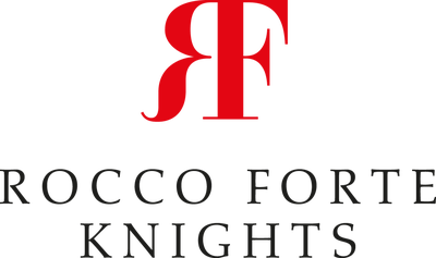 Logo with red stylized 'RF' and black text reading 'Rocco Forte Knights'