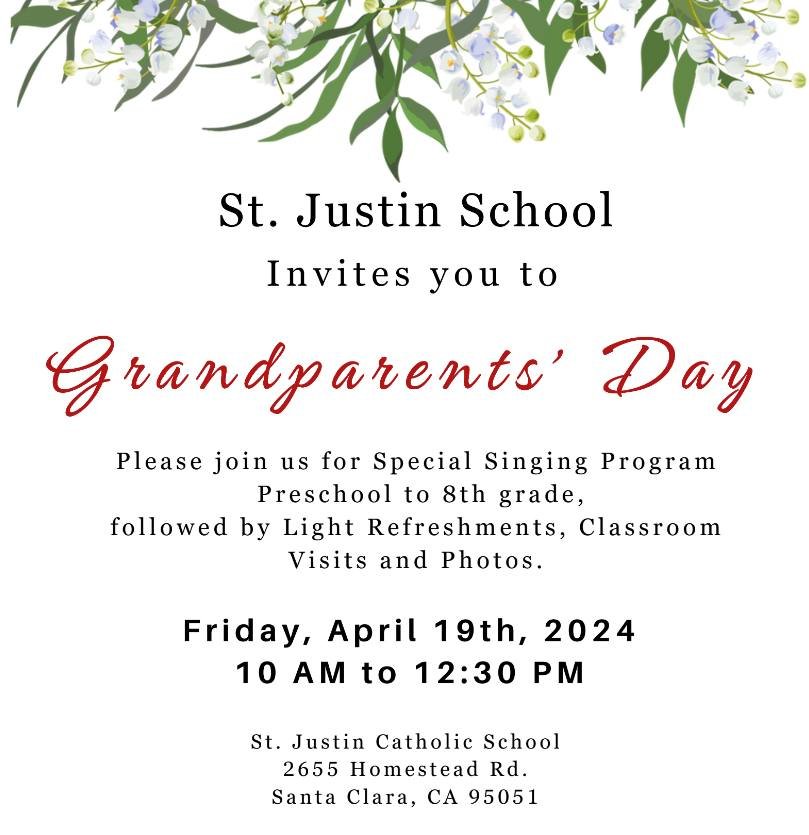 We are looking forward to welcoming our grandparents to campus today from 10-12:30 for refreshments, a special performance, and time to visit classrooms. See you soon! Reminder that today is an early dismissal day for the entire school, extended care